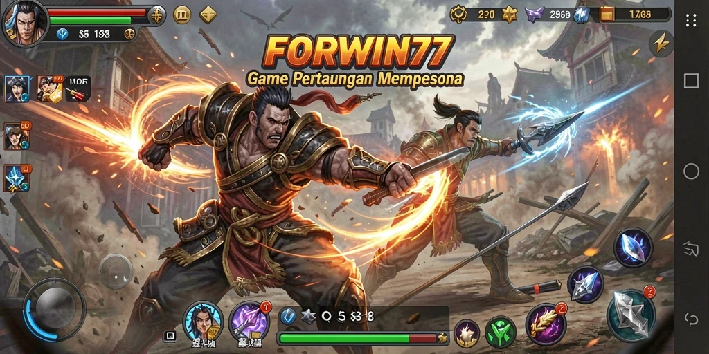 Tangkapan layar permainan FORWIN77 dengan aksi pertarungan yang mendebarkan.