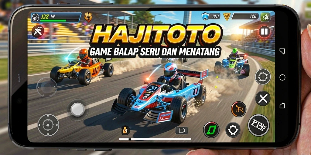 Tampilan gameplay seru HAJITOTO dengan mobil balap yang menegangkan.