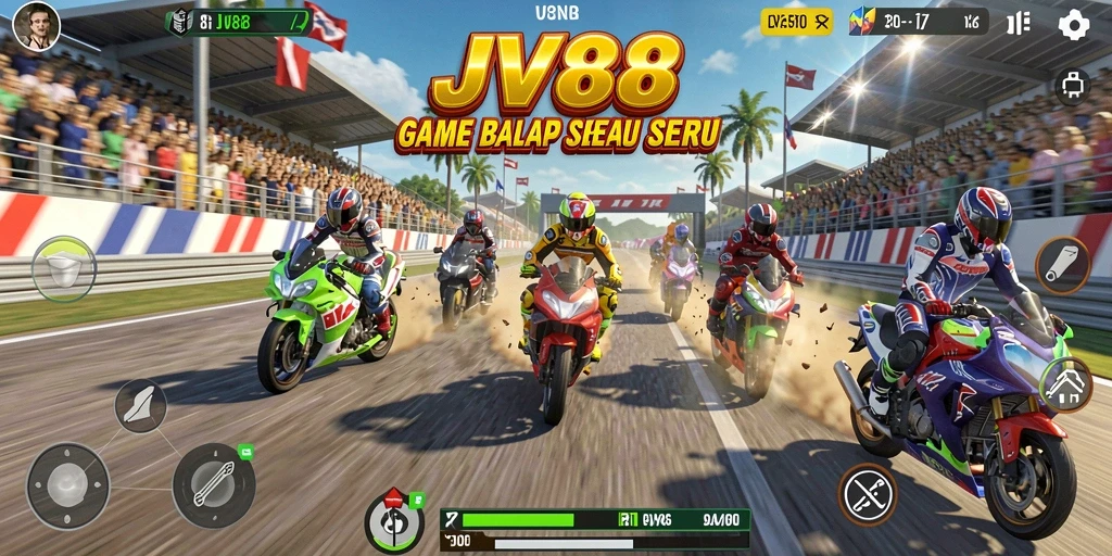 Screenshot gameplay JV88 menampilkan balapan mendebarkan di trek yang dinamis.