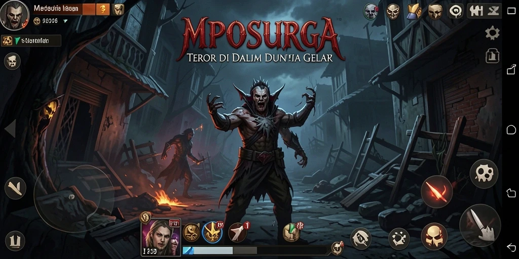 Screenshot utama MPOSURGA menampilkan suasana mencekam dengan karakter hantu yang menakutkan.