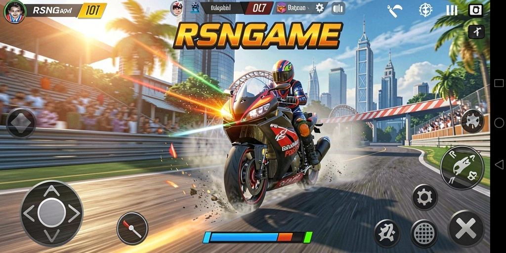 Gameplay seru RSNGAME dengan balapan motor yang menantang.